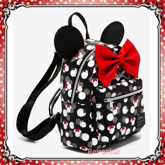 Loungefly Disney Minnie Mouse Mini Backpack White Polka Dot Spots Red Bow Ears - Picture 2 of 4